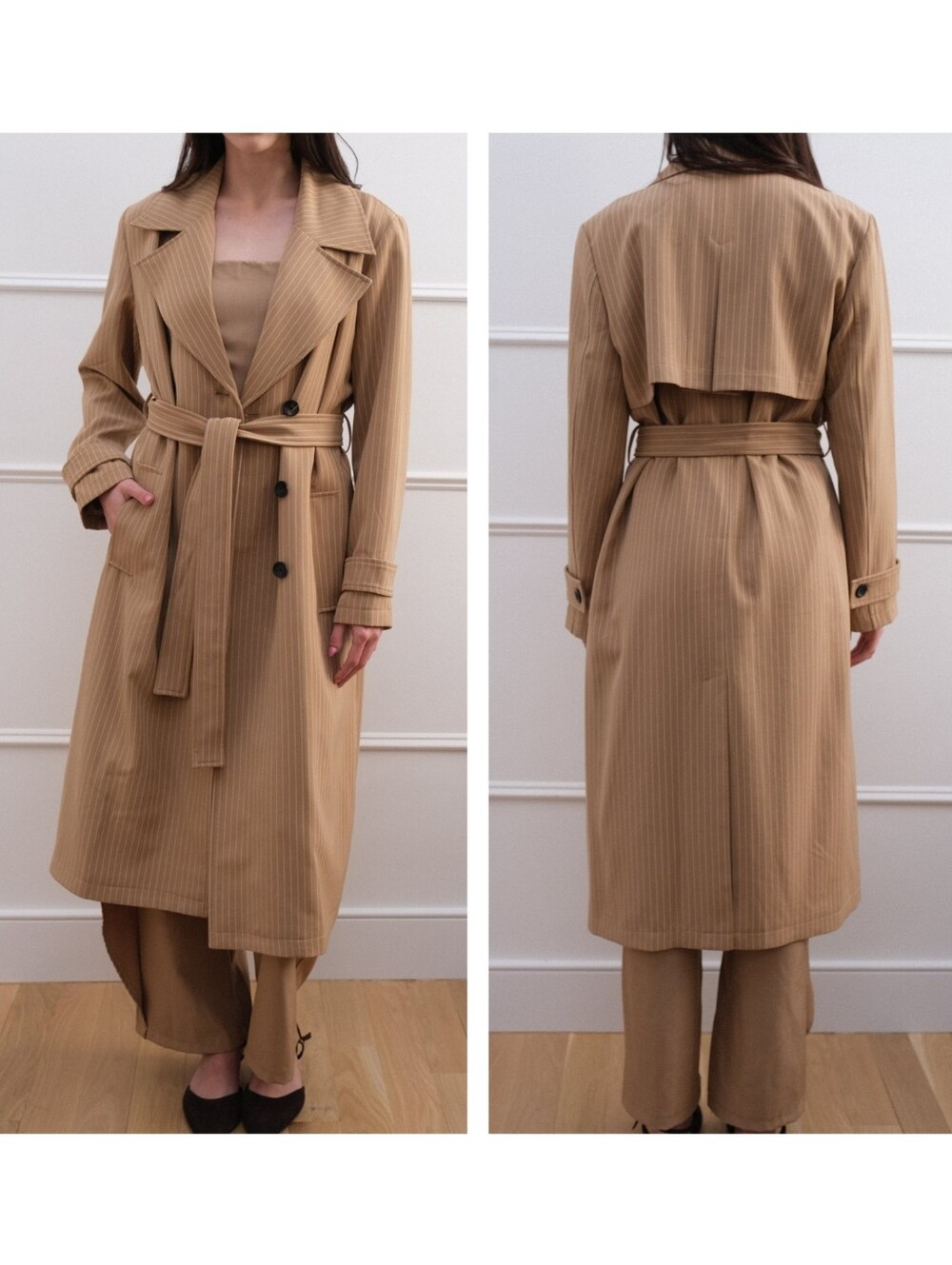Bagatelle Pinstripe Elegant Trench Coat Khaki Tan Small